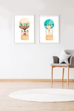 Pack 2 Cuadros Infantiles Ciervo y Jirafa con globo