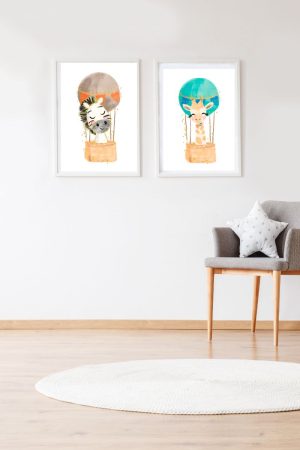 Pack 2 Cuadros Infantiles Cebra y Jirafa con globo