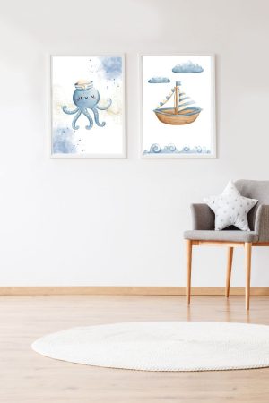 Pack 2 Blauer Oktopus und sein Boot für Kinder