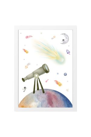 Children's Painting Green Telescope and Shooting Star in Space