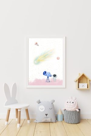 Cuadro Infantil telescopio azul, astronauta y estrella fugaz en el espacio