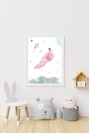 Children's Painting Pink Meteorite and Astronaut in Space