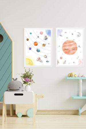 pack 2 children's paintings planet and solar system
