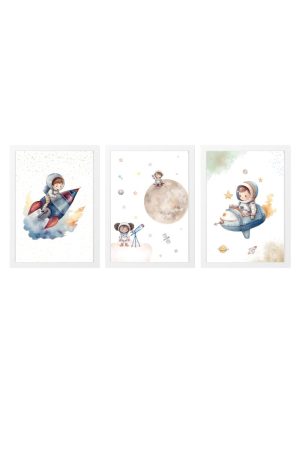 pack 3 children's paintings with astronauts