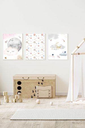 pack 3 children's paintings moons sleeping