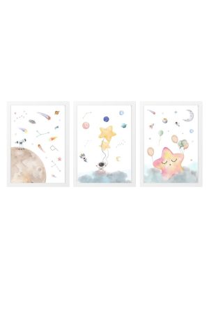 pack 3 framed prints with stars and moon