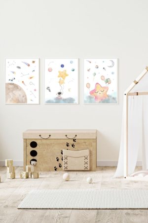 pack 3 framed prints with stars and moon