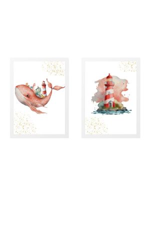 pack 2 children's paintings whale and pink lighthouse
