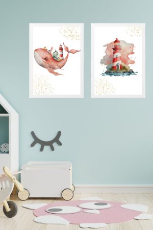pack 2 children's paintings whale and pink lighthouse