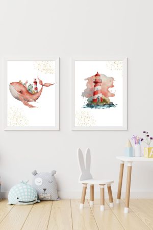 pack 2 children's paintings whale and pink lighthouse