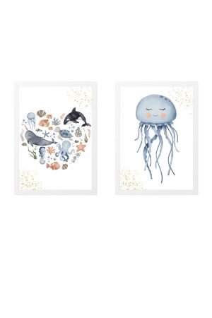pack 2 children's paintings jellyfish and marine heart.