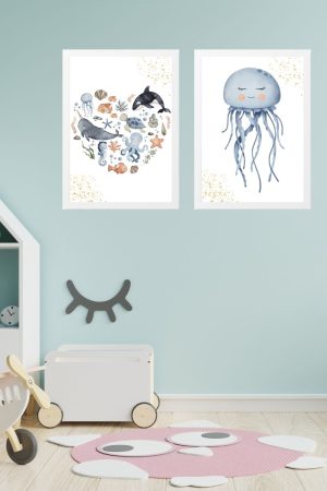pack 2 children's paintings jellyfish and marine heart.