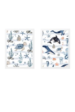 pack 2 children's paintings marine world: whales and turtle