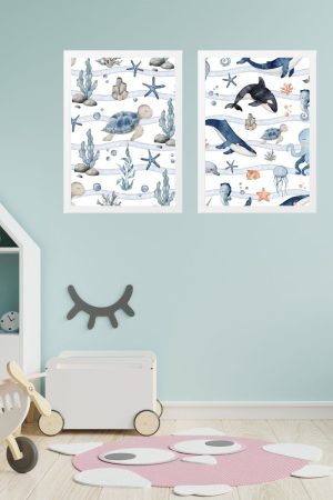 pack 2 children's paintings marine world: whales and turtle