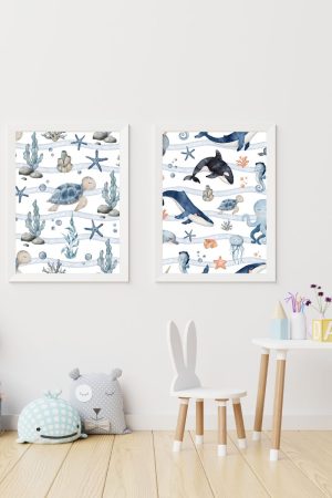 pack 2 children's paintings marine world: whales and turtle