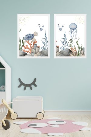 pack 2 children's paintings sea world: jellyfish and turtle