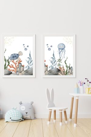 pack 2 children's paintings sea world: jellyfish and turtle