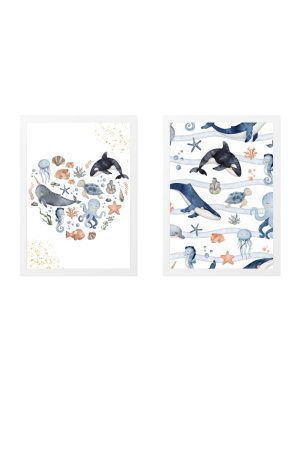 pack 2 children's paintings sea heart with whales