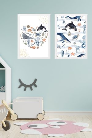 pack 2 children's pictures sea heart with whales