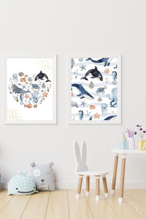 pack 2 children's paintings sea heart with whales