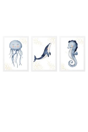 pack 3 children's paintings: jellyfish, whale and seahorse
