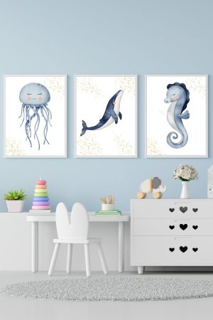 pack 3 children's paintings: jellyfish, whale and seahorse