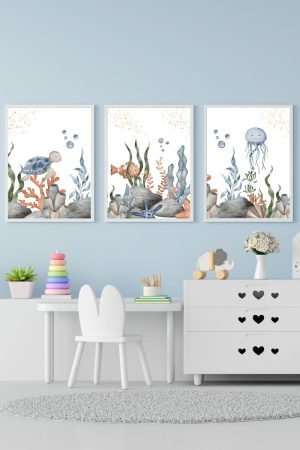 pack 3 children's paintings marine world: fish, turtle and octopus.