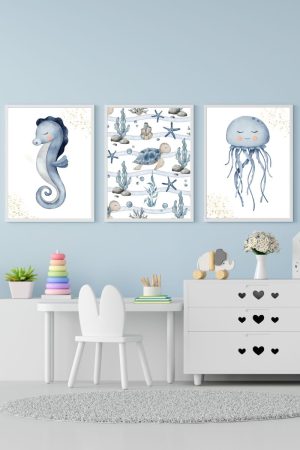 pack 3 children's paintings marine world