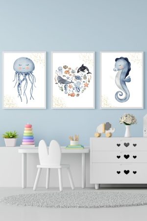 pack 3 children's paintings marine world