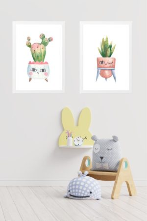 pack of 2 children's pictures with pink and white cactus pots