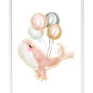 CUADRO INFANTIL BALLENA ROSA CON GLOBOS