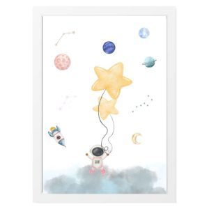 CUADRO INFANTIL ASTRONAUTA CON GLOBOS ESTRELLA EN EL ESPACIO