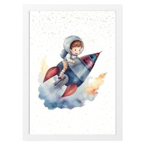 CUADRO INFANTIL ASTRONAUTA EN COHETE EN EL ESPACIO
