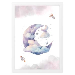 CHILDREN'S FRAME PURPLE CRESCENT MOON AMONG CLOUDS IN SPACE