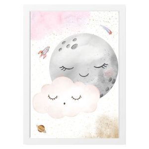 QUADRO INFANTILE LUNA PIENA GRIGIA E NUVOLE BIANCA NELLO SPAZIO