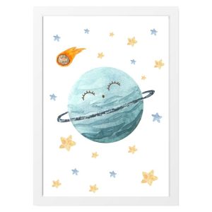CHILDREN'S FRAME BLUE PLANET AND STARS IN SPACE