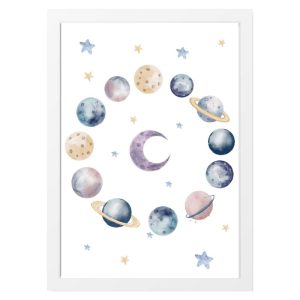 QUADRO INFANTILE LUNA CRESCENTE CIRCONDATA DAI PIANETI