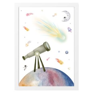 KINDERBILD GRÜNES TELESKOP UND KOMET IM WELTRAUM
