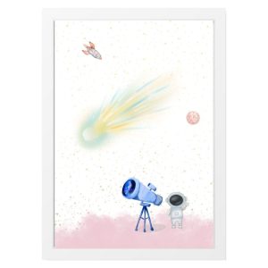 KINDERBILD TELESCOPIO BLAU, ASTRONAUT UND STERNENSCHNUPPE IM WELTRAUM