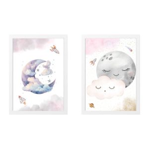 PACCHETTO 2 QUADRI PER BAMBINI LUNA CON NUVOLE