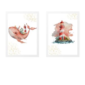 PAKET 2 KINDERBILDER ROSA WAL UND LEUCHTTURM