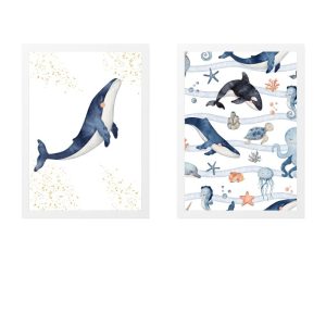 PACCHETTO 2 QUADRI PER BAMBINI BALENE BLU SUL FONDO MARINO