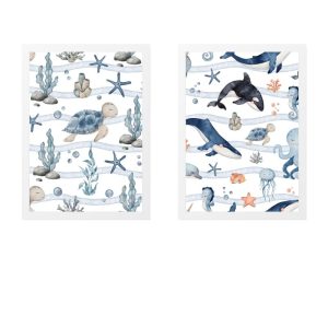 PACK 2 TABLEAUX POUR ENFANTS TORTUE ET BALEINES DANS LE FOND MARIN