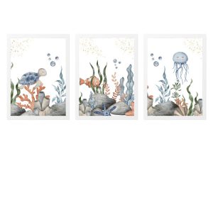 PACK 3 TABLEAUX POUR ENFANTS TORTUE, POISSON ET PIEUVRE NAGEANT