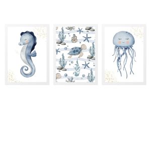 PACK OF 3 CHILDREN'S FRAMES SEAHORSE, JELLYFISH AND MARINE ELEMENTS