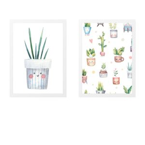 PACK 2 CUADROS INFANTILES DE MACETA AZUL CON CACTUS Y ESTAMPACIONES DE PLANTAS