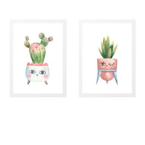 PACK 2 CUADROS INFANTILES DE MACETA ROSA Y BLANCA CON CACTUS
