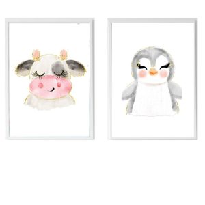 PACK 2 CUADROS INFANTILES LÁMINAS VACA Y PINGÜINO