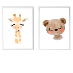PACK 2 CUADROS INFANTILES LÁMINAS GIRAFA Y OSO