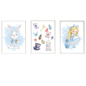 PACK 3 QUADRI INFANTILI ALICE, ELEMENTI MAGICI E CONIGLIO